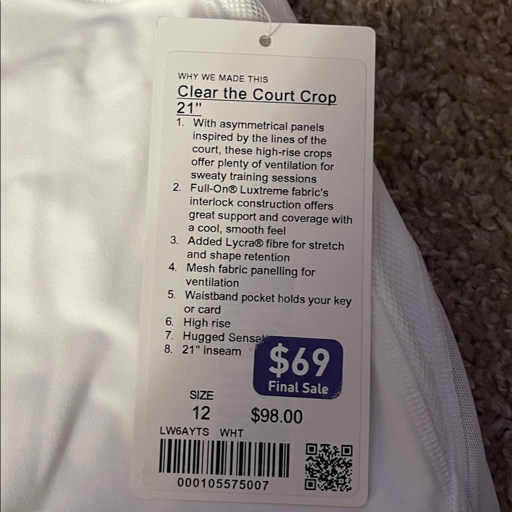 White Clear the Court Crop 21" lululemon